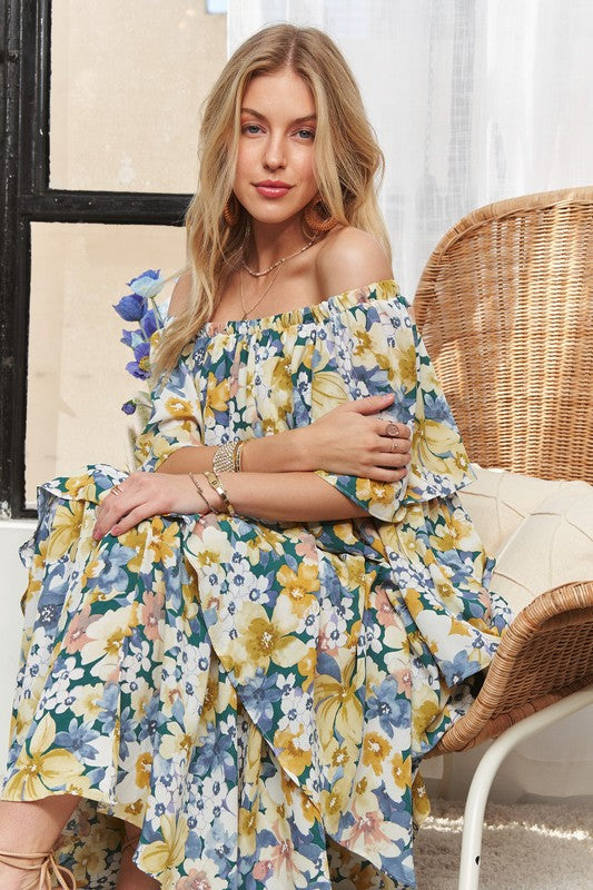 ADORA Layered Floral Off-Shoulder Short Sleeve Maxi Dress ADORA Layered Floral Off-Shoulder Short Sleeve Maxi Dress