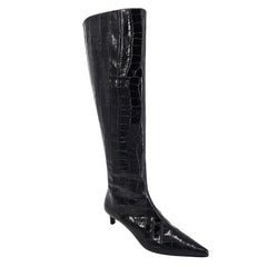 Black Tall Moc Croc Pointy Toe Kitten Heel Boot