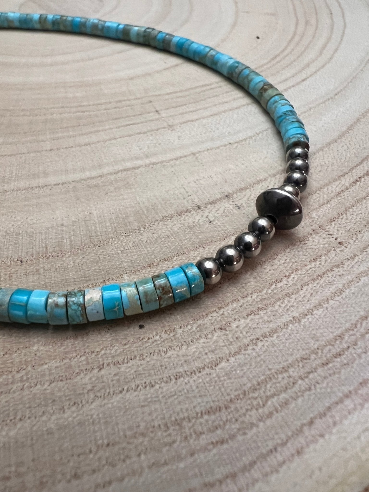 4mm Sterling Pearls and Sterling Saucer Accent Bead Turquoise Choker - 14 inch 4mm Sterling Pearls and Sterling Saucer Accent Bead Turquoise Choker - 14 inch