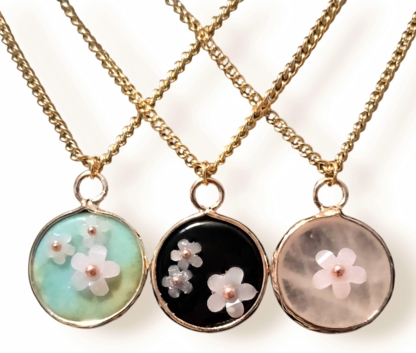 18K Gold Plated Natural Stone Necklace with Color Changing Floral Design, Black Obsidian, Amazonite, Rose Quartz, UV Reactive 18K Gold Plated Natural Stone Necklace with Color Changing Floral Design, Black Obsidian, Amazonite, Rose Quartz, UV Reactive