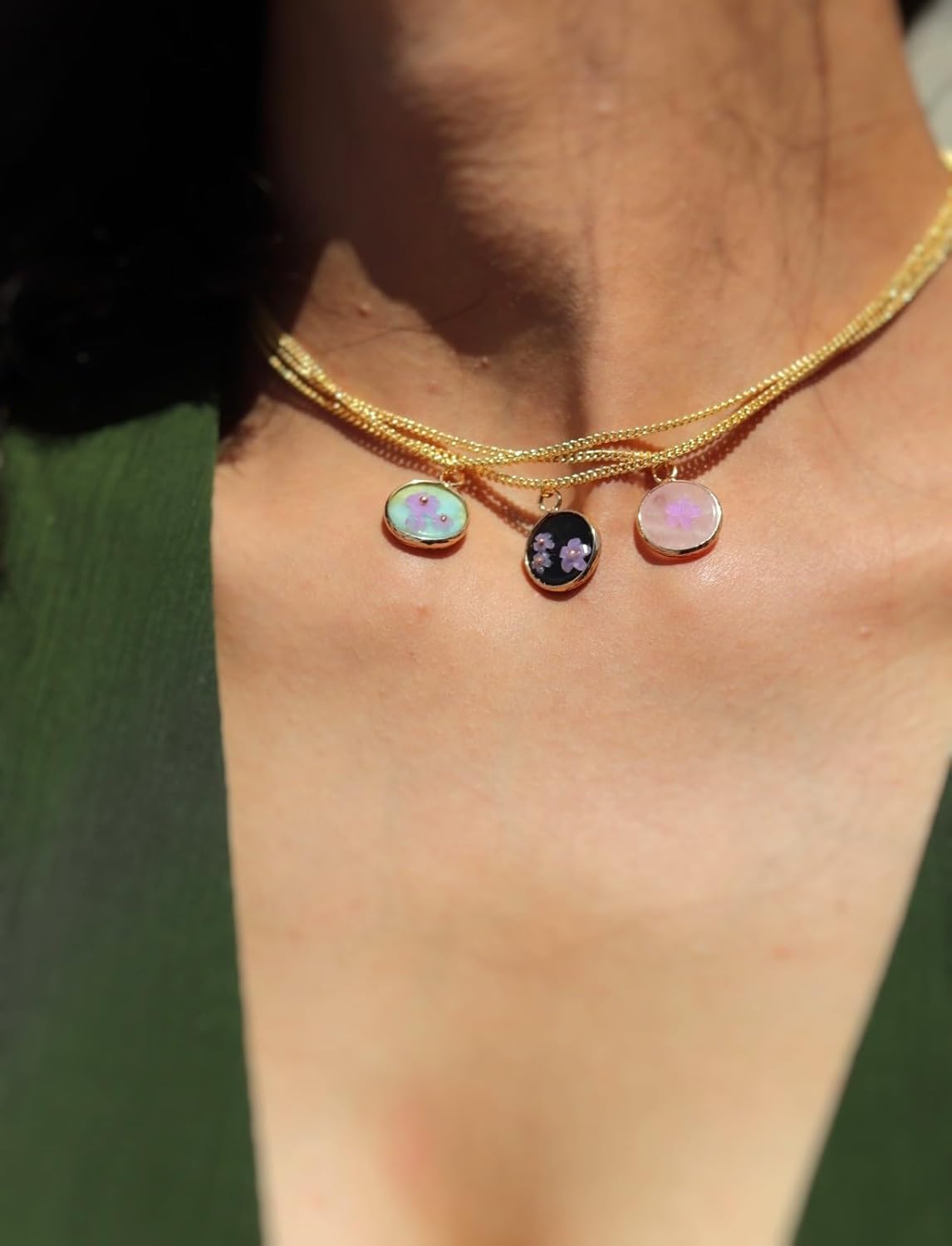 18K Gold Plated Natural Stone Necklace with Color Changing Floral Design, Black Obsidian, Amazonite, Rose Quartz, UV Reactive 18K Gold Plated Natural Stone Necklace with Color Changing Floral Design, Black Obsidian, Amazonite, Rose Quartz, UV Reactive