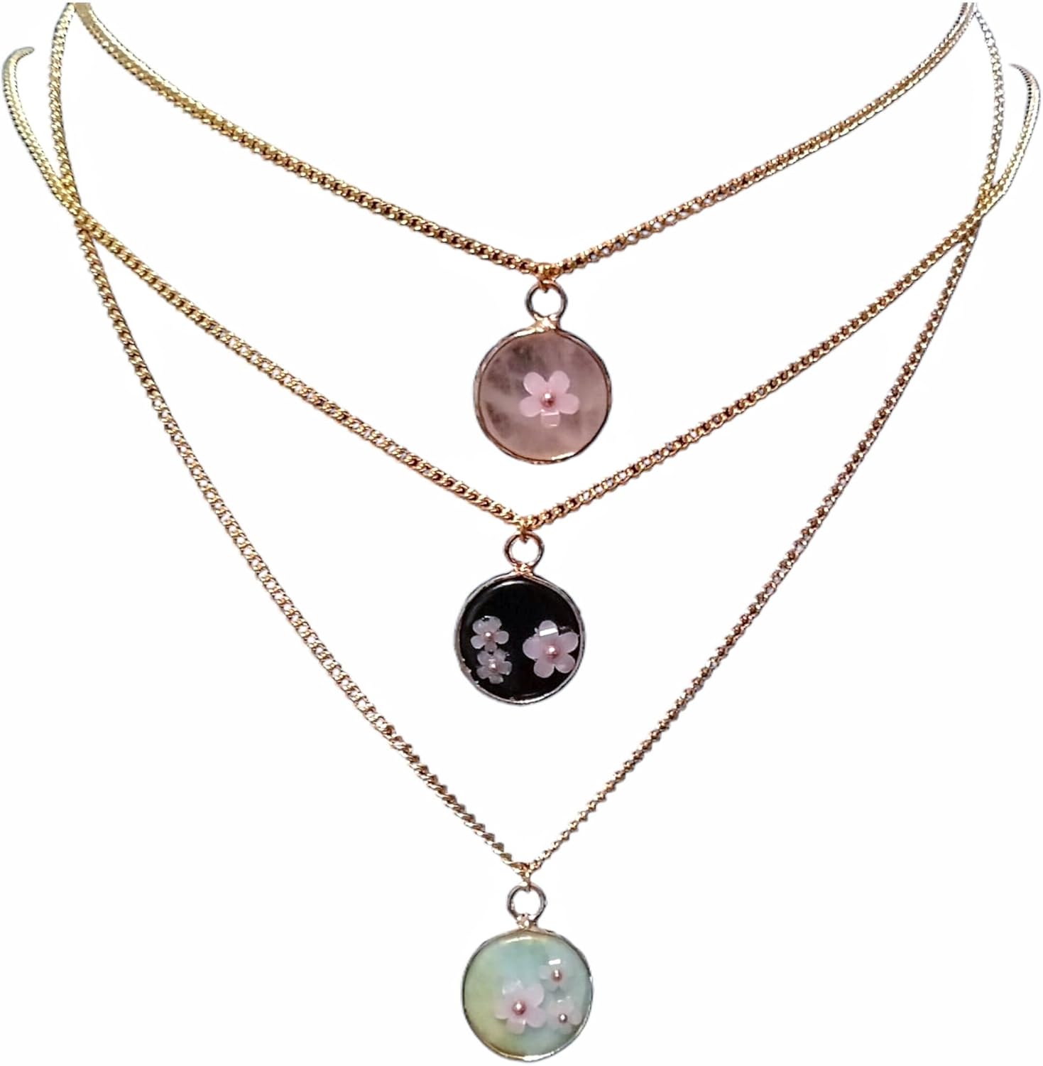 18K Gold Plated Natural Stone Necklace with Color Changing Floral Design, Black Obsidian, Amazonite, Rose Quartz, UV Reactive 18K Gold Plated Natural Stone Necklace with Color Changing Floral Design, Black Obsidian, Amazonite, Rose Quartz, UV Reactive