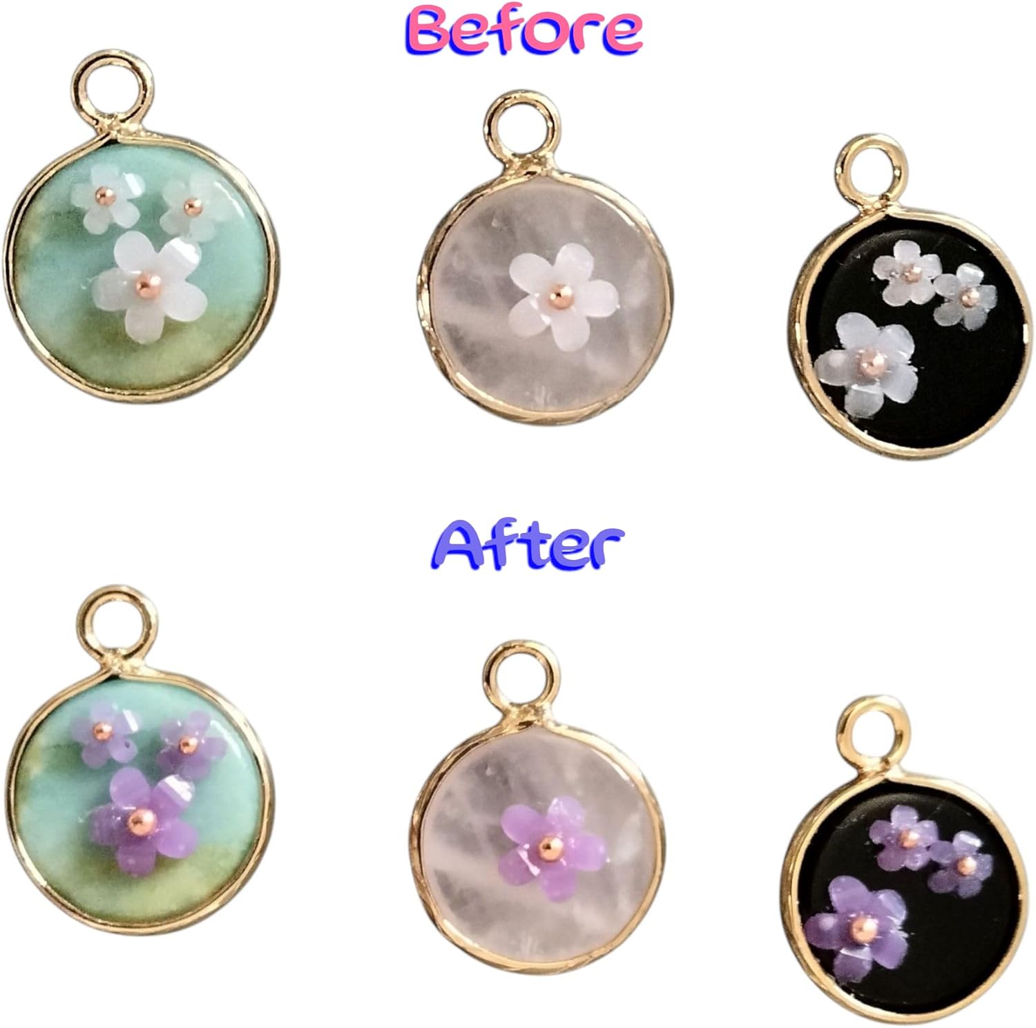 18K Gold Plated Natural Stone Necklace with Color Changing Floral Design, Black Obsidian, Amazonite, Rose Quartz, UV Reactive 18K Gold Plated Natural Stone Necklace with Color Changing Floral Design, Black Obsidian, Amazonite, Rose Quartz, UV Reactive