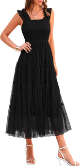 PRETTYGARDEN Women's Summer Tulle Midi Dress Sleeveless Smocked Ruffle Mesh Flowy Dresses Party Wedding Guest Sundress