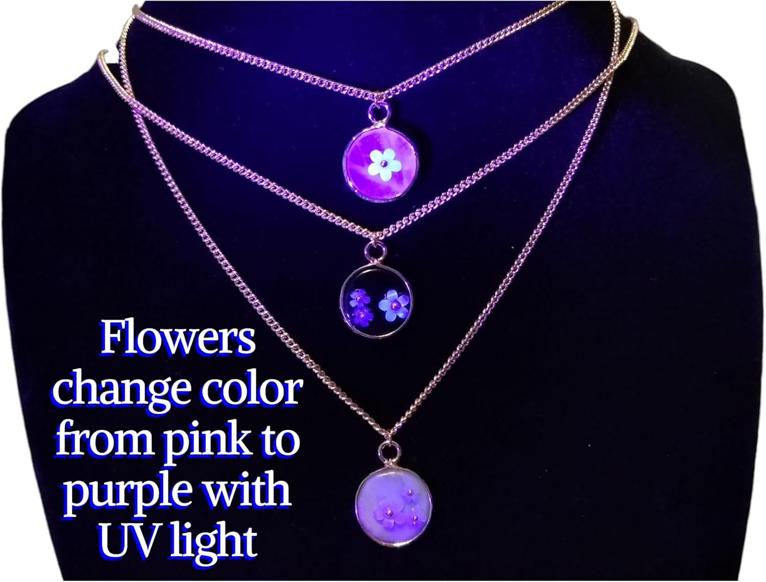 18K Gold Plated Natural Stone Necklace with Color Changing Floral Design, Black Obsidian, Amazonite, Rose Quartz, UV Reactive 18K Gold Plated Natural Stone Necklace with Color Changing Floral Design, Black Obsidian, Amazonite, Rose Quartz, UV Reactive