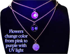 18K Gold Plated Natural Stone Necklace with Color Changing Floral Design, Black Obsidian, Amazonite, Rose Quartz, UV Reactive