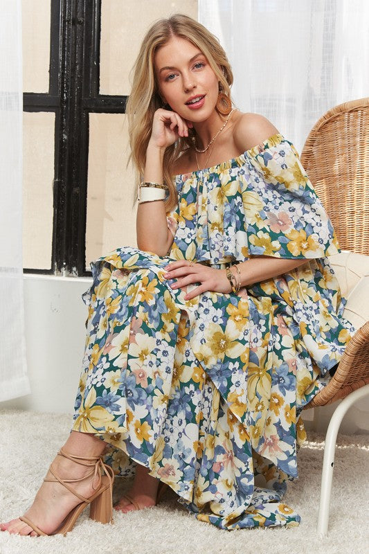 ADORA Layered Floral Off-Shoulder Short Sleeve Maxi Dress ADORA Layered Floral Off-Shoulder Short Sleeve Maxi Dress