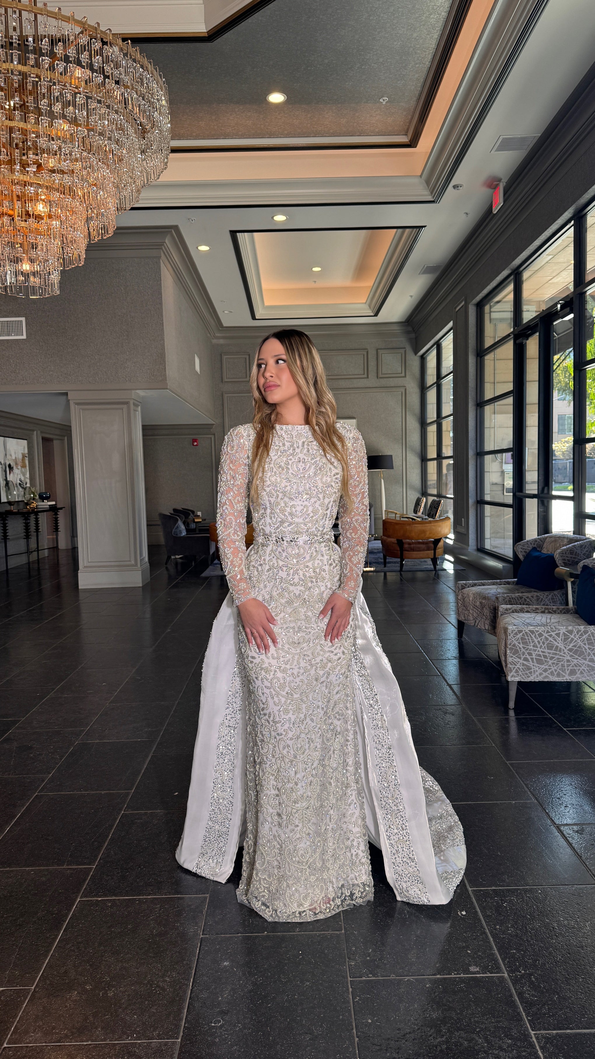 Aleena Bridal Embellished Pearl Crystal Beaded Gown With Detachable Overskirt Aleena Bridal Embellished Pearl Crystal Beaded Gown With Detachable Overskirt