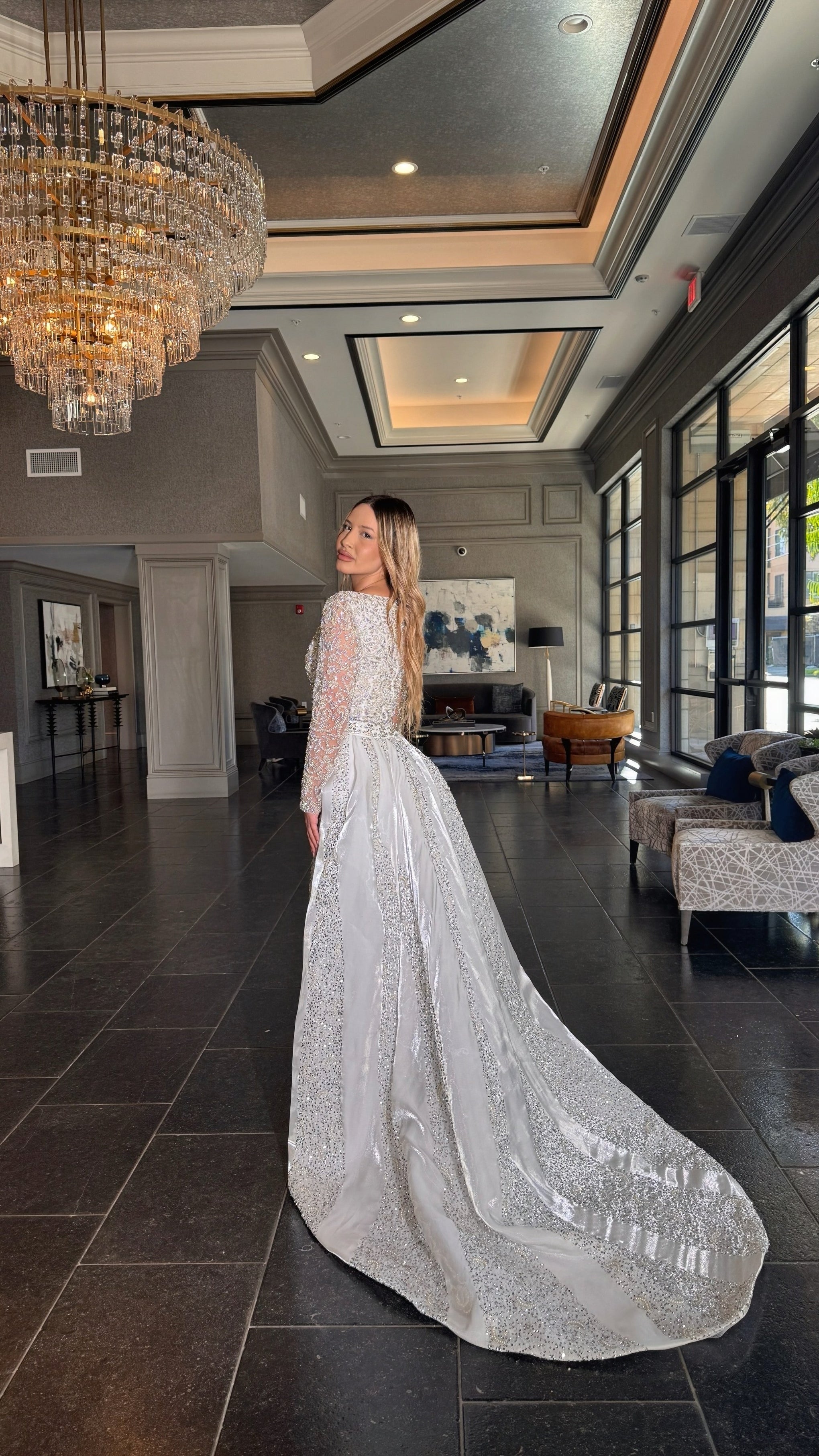 Aleena Bridal Embellished Pearl Crystal Beaded Gown With Detachable Overskirt Aleena Bridal Embellished Pearl Crystal Beaded Gown With Detachable Overskirt