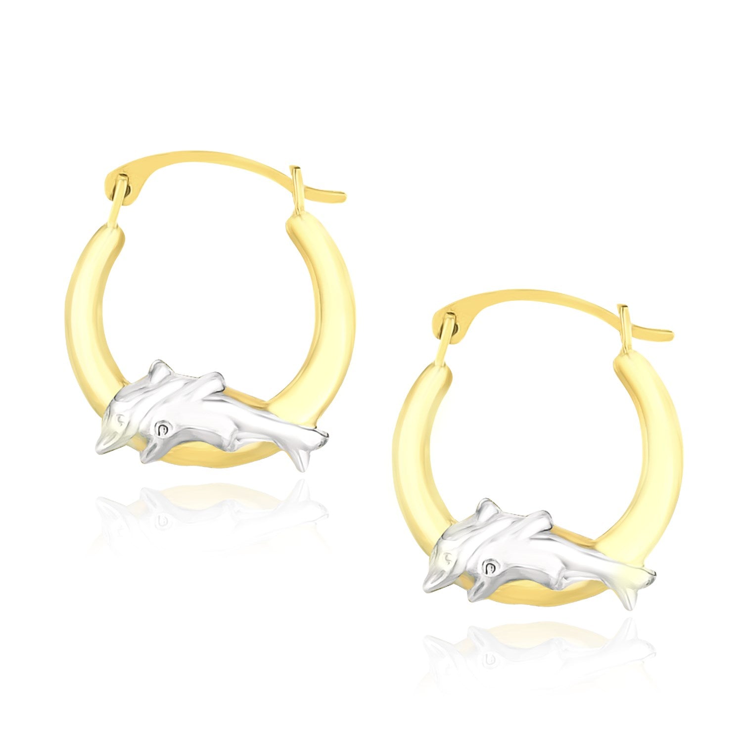 10k Two-Tone Gold Round Graduated Dolphin Design Hoop Earrings 10k Two-Tone Gold Round Graduated Dolphin Design Hoop Earrings