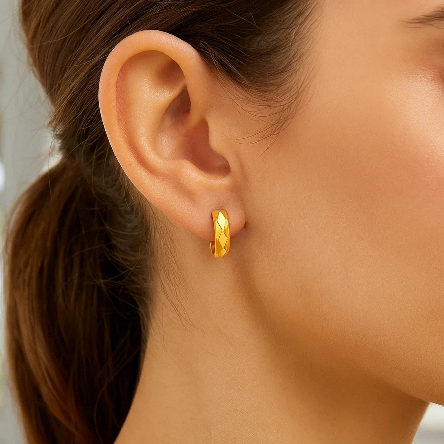 14K Yellow Gold Diamond Motif Faceted Huggie Earrings 14K Yellow Gold Diamond Motif Faceted Huggie Earrings