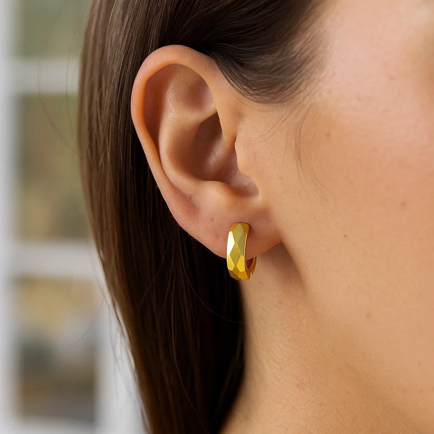 14K Yellow Gold Diamond Motif Faceted Huggie Earrings 14K Yellow Gold Diamond Motif Faceted Huggie Earrings