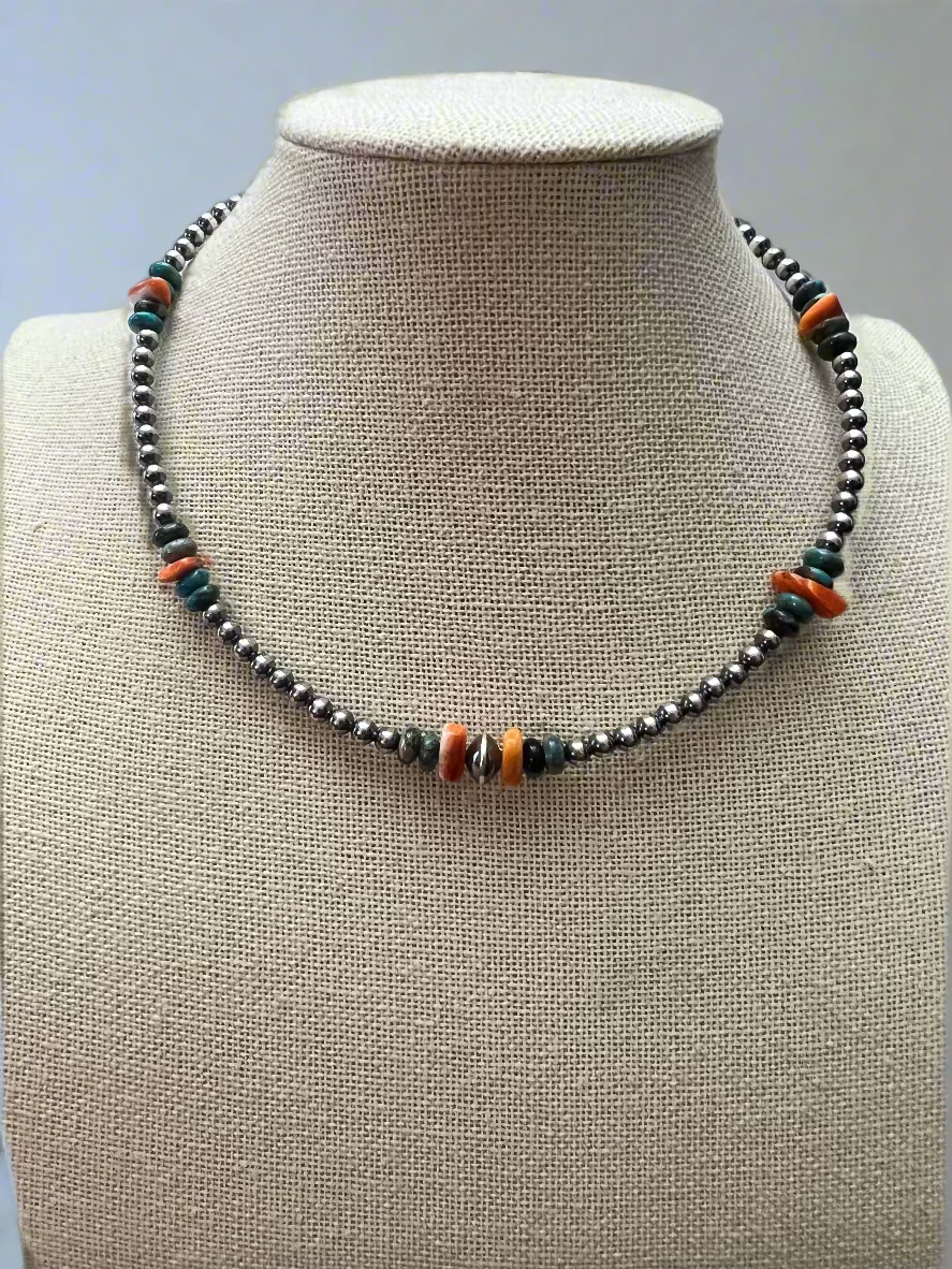 4mm Sterling Pearl and genuine turquoise and spiny choker - 14 inch 4mm Sterling Pearl and genuine turquoise and spiny choker - 14 inch