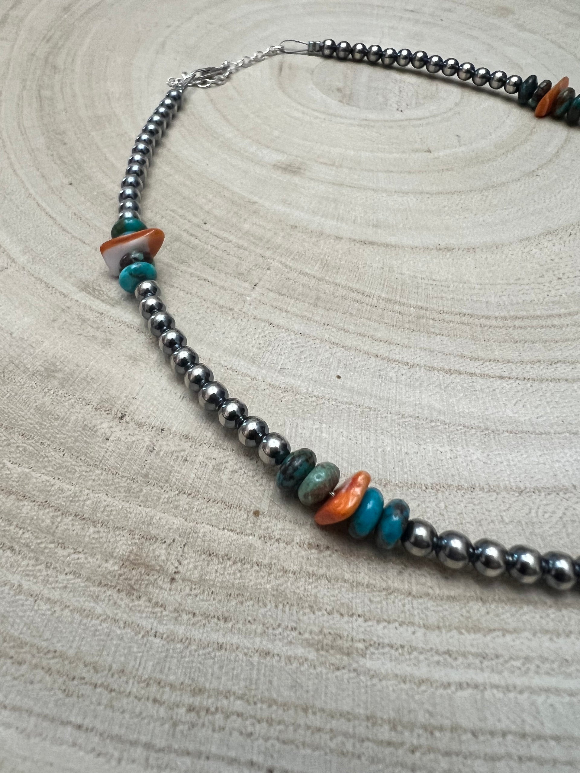 4mm Sterling Pearl and genuine turquoise and spiny choker - 14 inch 4mm Sterling Pearl and genuine turquoise and spiny choker - 14 inch