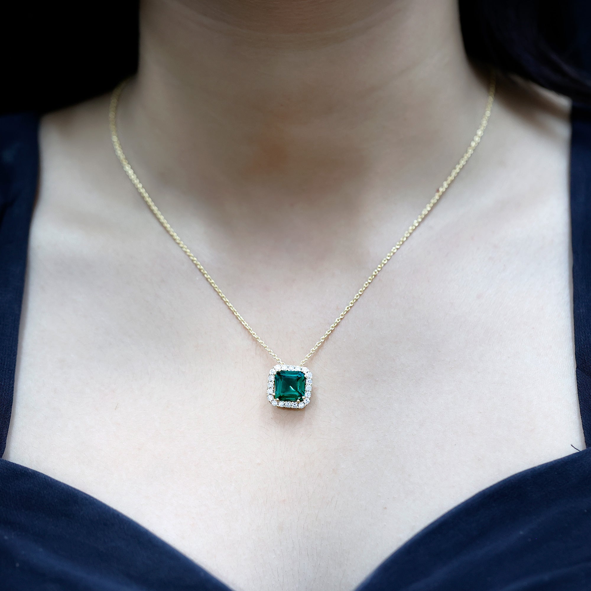 10 MM Lab Created Emerald Statement Necklace with Moissanite Halo 10 MM Lab Created Emerald Statement Necklace with Moissanite Halo