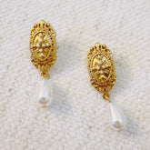 Vintage Cross Pearl Drop Earrings – Elegant Teardrop Accents