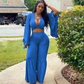 Casual Spring And Autumn For Women's Solid Color Long Sleeved Chest Wrap Top and Wide Leg Trousers Female Office 2 Piece Set