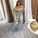 Women Tracksuit Pant Sets Zipper Cardigan Tops Print Zipper Fly Straight Ankle Length Denim Pants Jean Loose Matching Sets Y2k