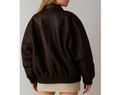 Women Handmade Brown Oversize Bomber Lambskin Soft Real Leather Jacket | Women Casual Wear Genuine Leather Jacket