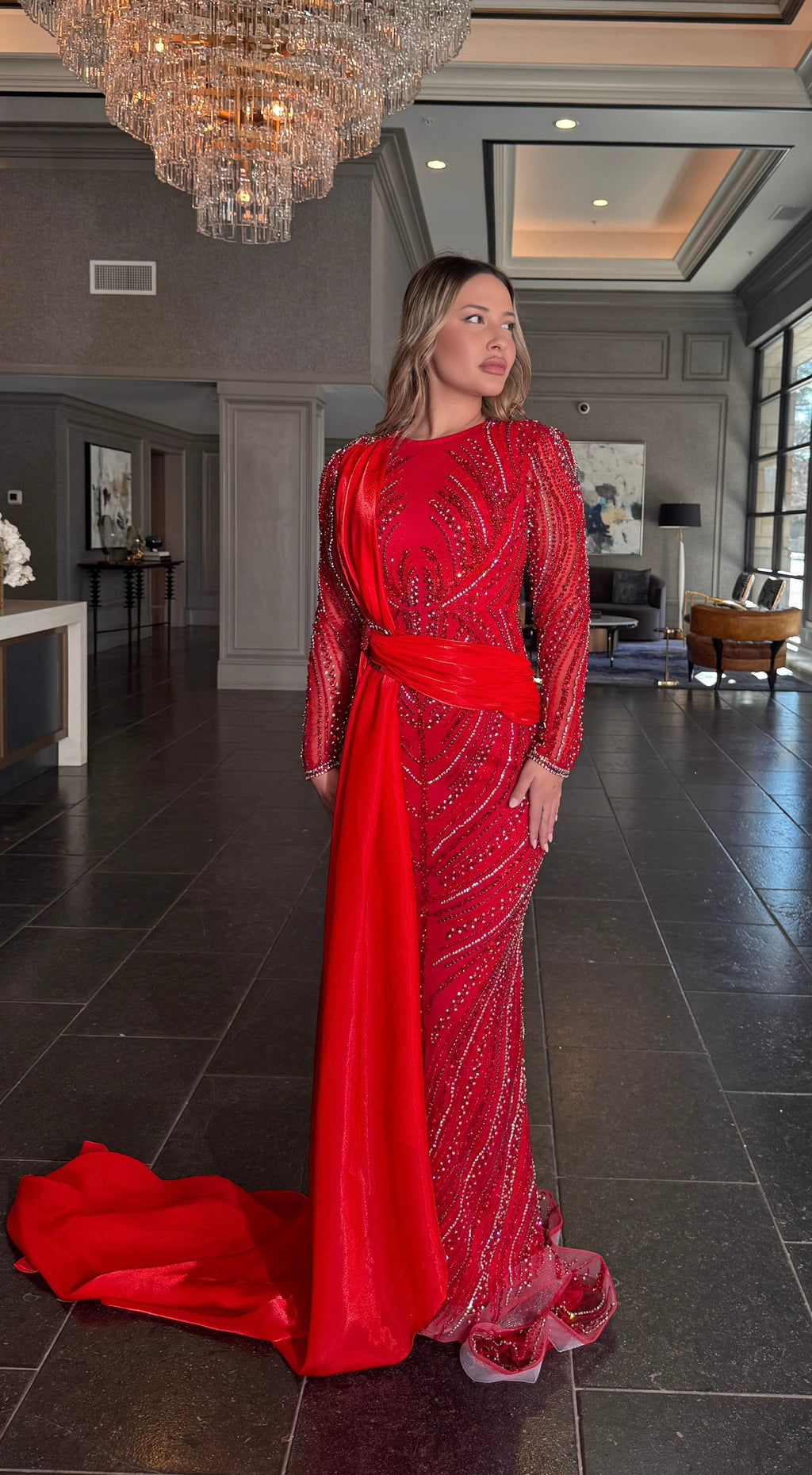 Ruba Sequin Modest Neckline with Long Side Organ Side Skirt