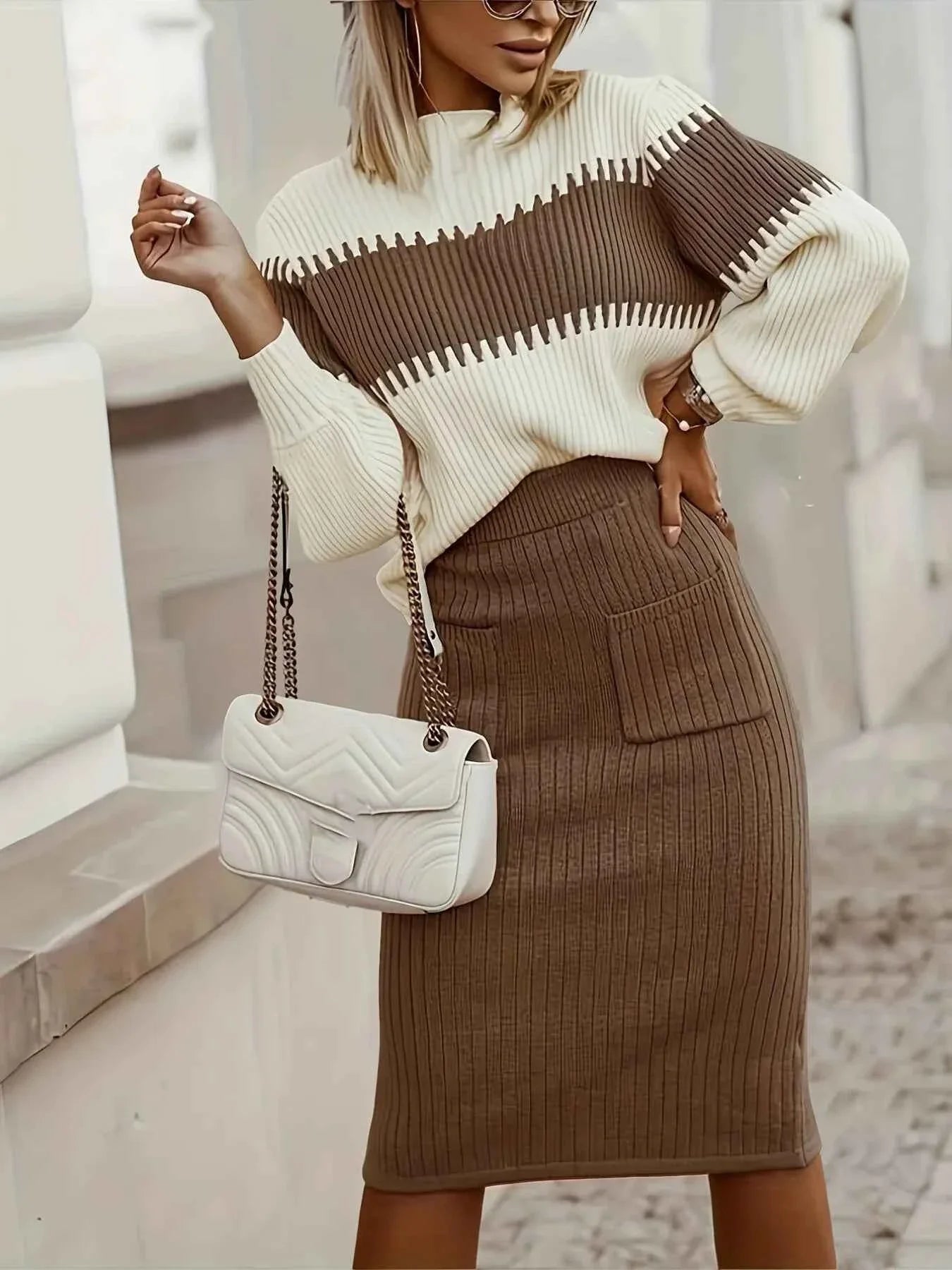 Two-Tone Ribbed Knit Top and Skirt Sweater Dress