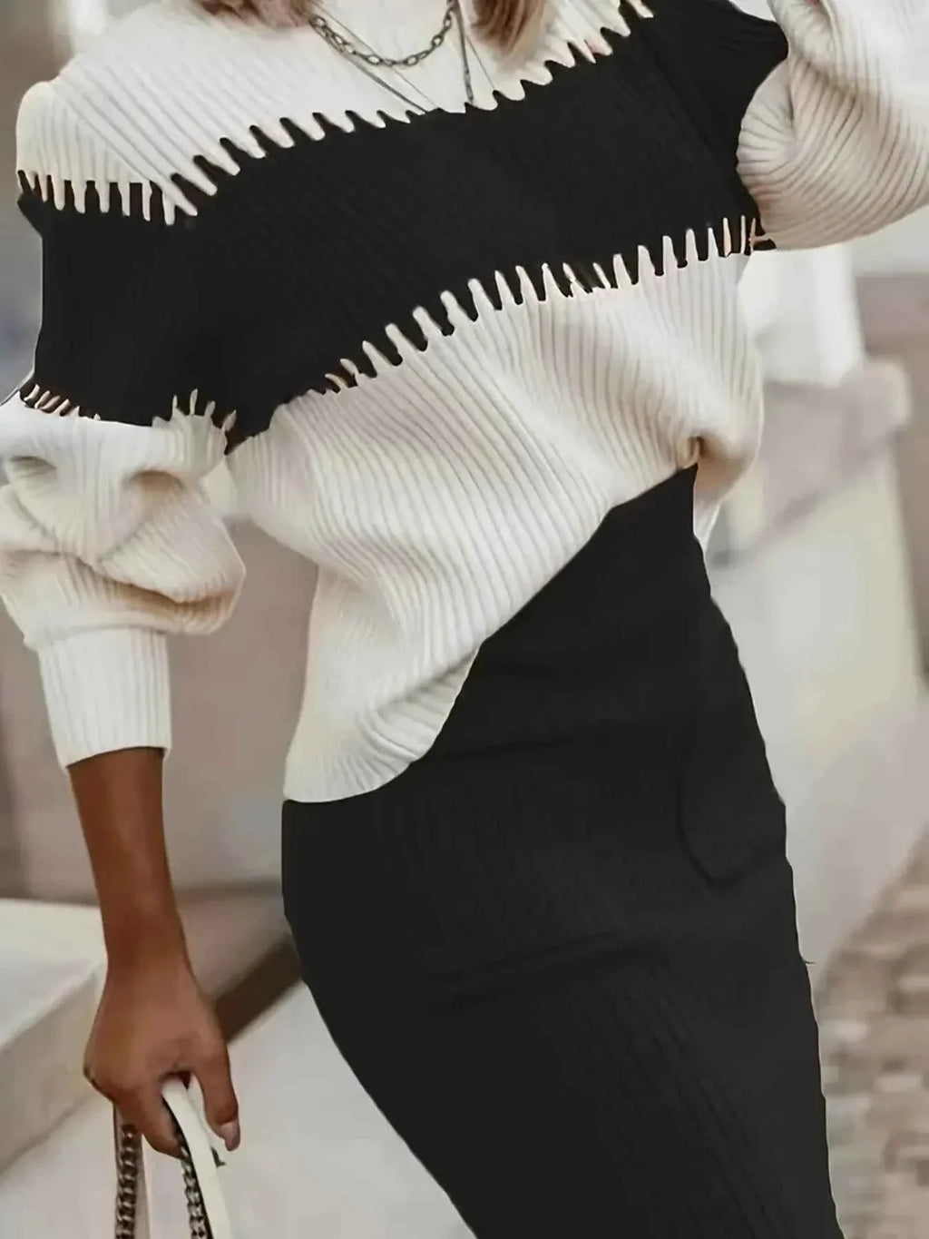 Two-Tone Ribbed Knit Top and Skirt Sweater Dress