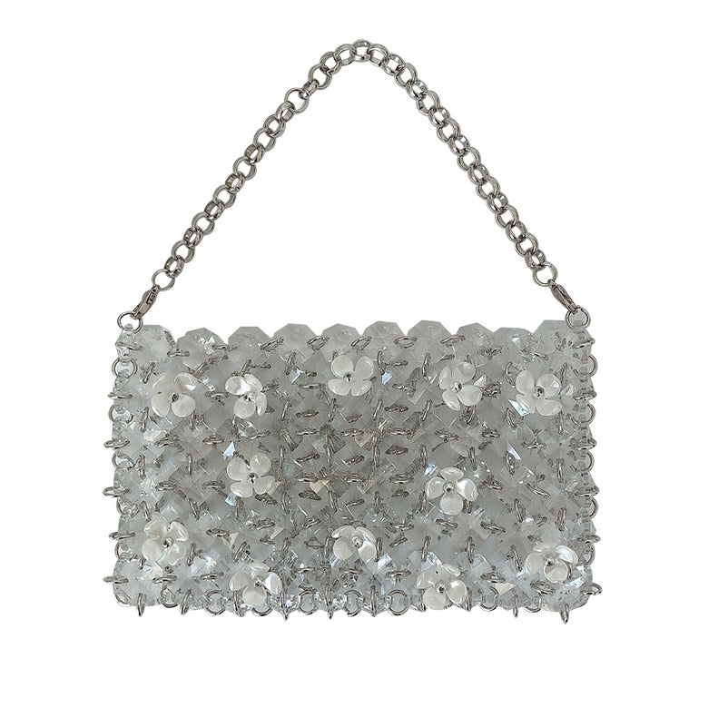 Hand Woven Beaded Bag Acrylic Small Square Bag Women Mini Shoulder Crossbody Chain Bag Lightweight