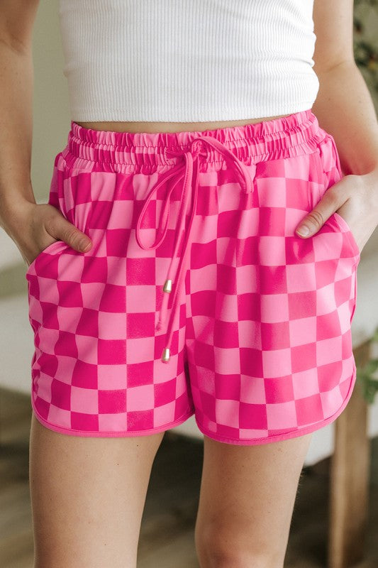 Checkered Drawstring Elastic Waist Casual Shorts