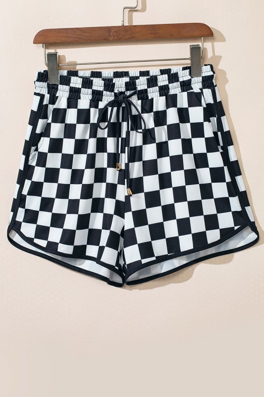 Checkered Drawstring Elastic Waist Casual Shorts