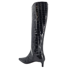 Black Tall Moc Croc Pointy Toe Kitten Heel Boot