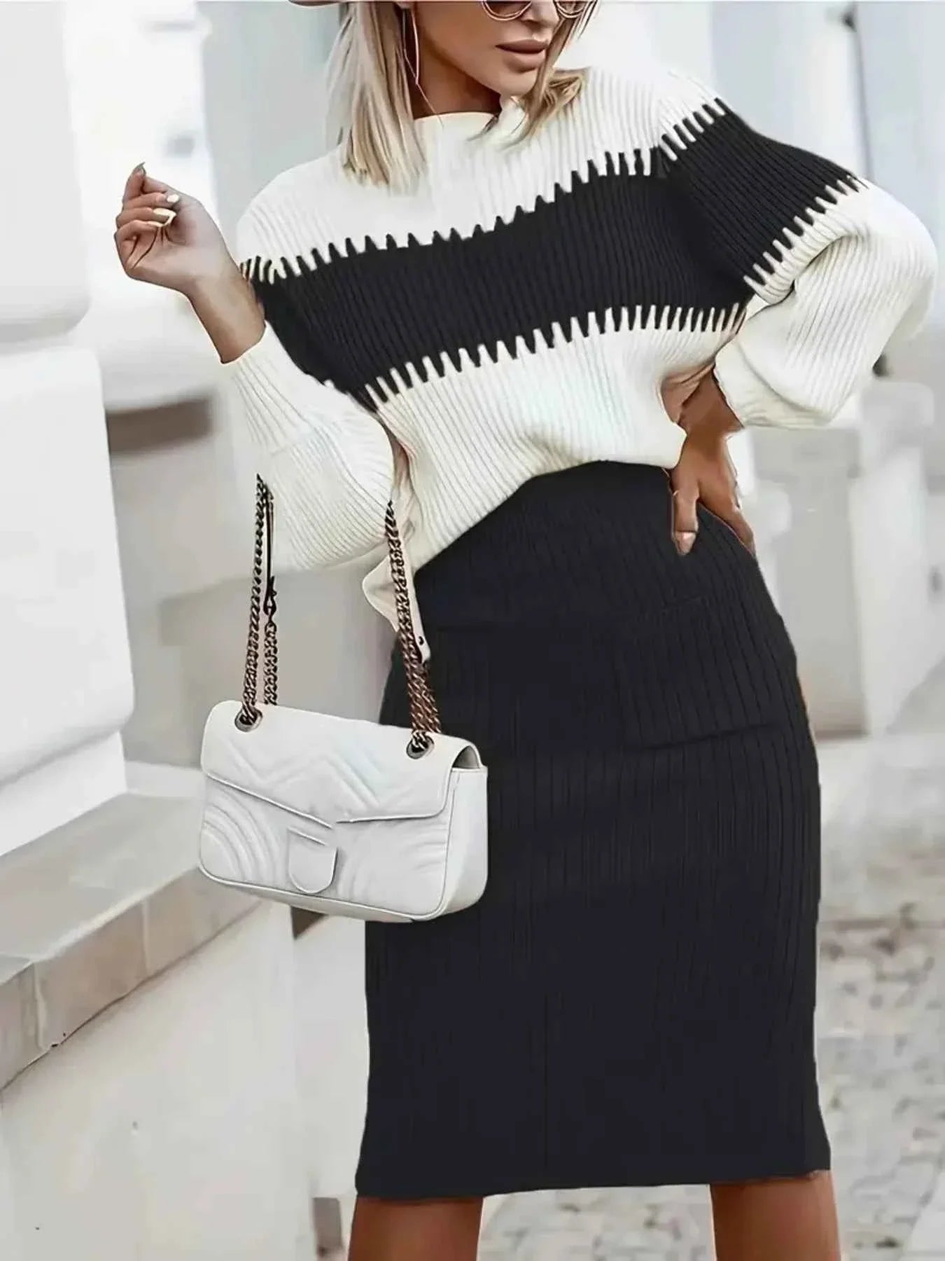 Two-Tone Ribbed Knit Top and Skirt Sweater Dress