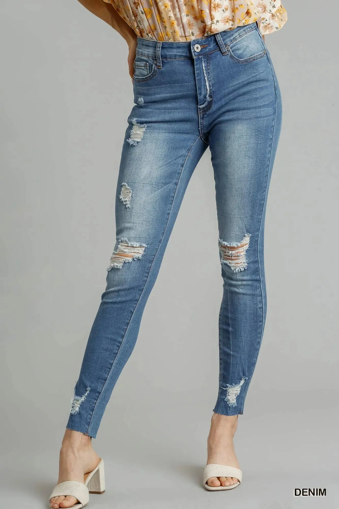 Umgee High Waist Distressed Skinny Jeans with Raw Hem