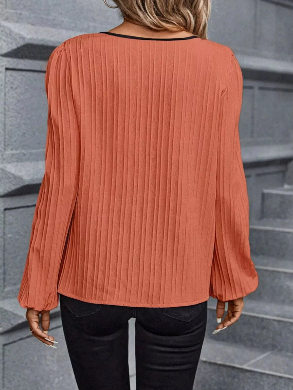 Textured Notched Long Sleeve Blouse