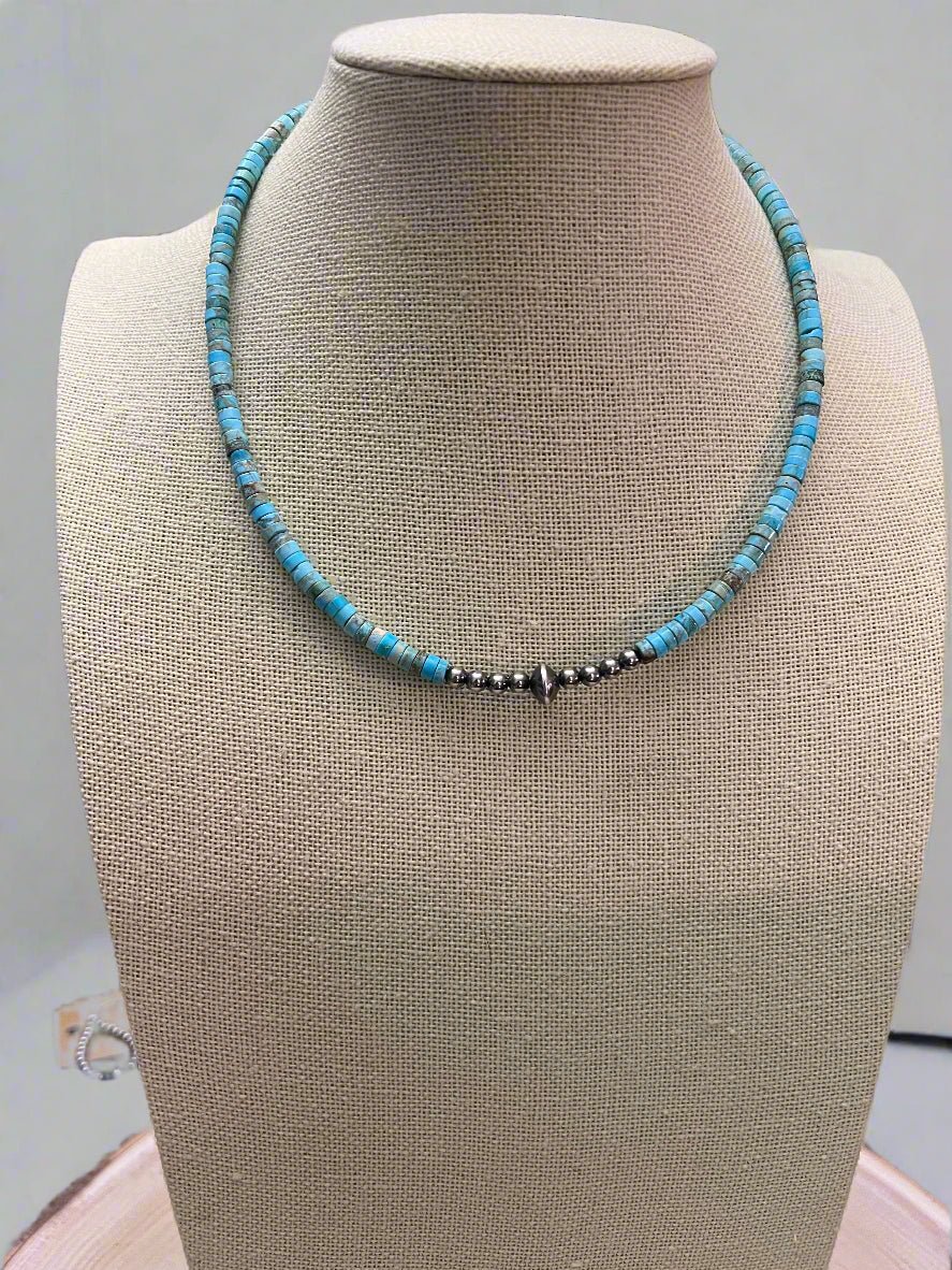 4mm Sterling Pearls and Sterling Saucer Accent Bead Turquoise Choker - 14 inch