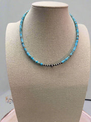 4mm Sterling Pearls and Sterling Saucer Accent Bead Turquoise Choker - 14 inch