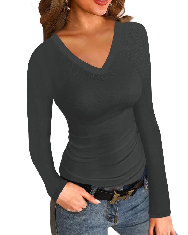 Womens Ribbed Long Sleeve Shirts Tops Fitted Tshirts Basic Slim Fit Tight Tee Shirt Fall Going Out Top 2024