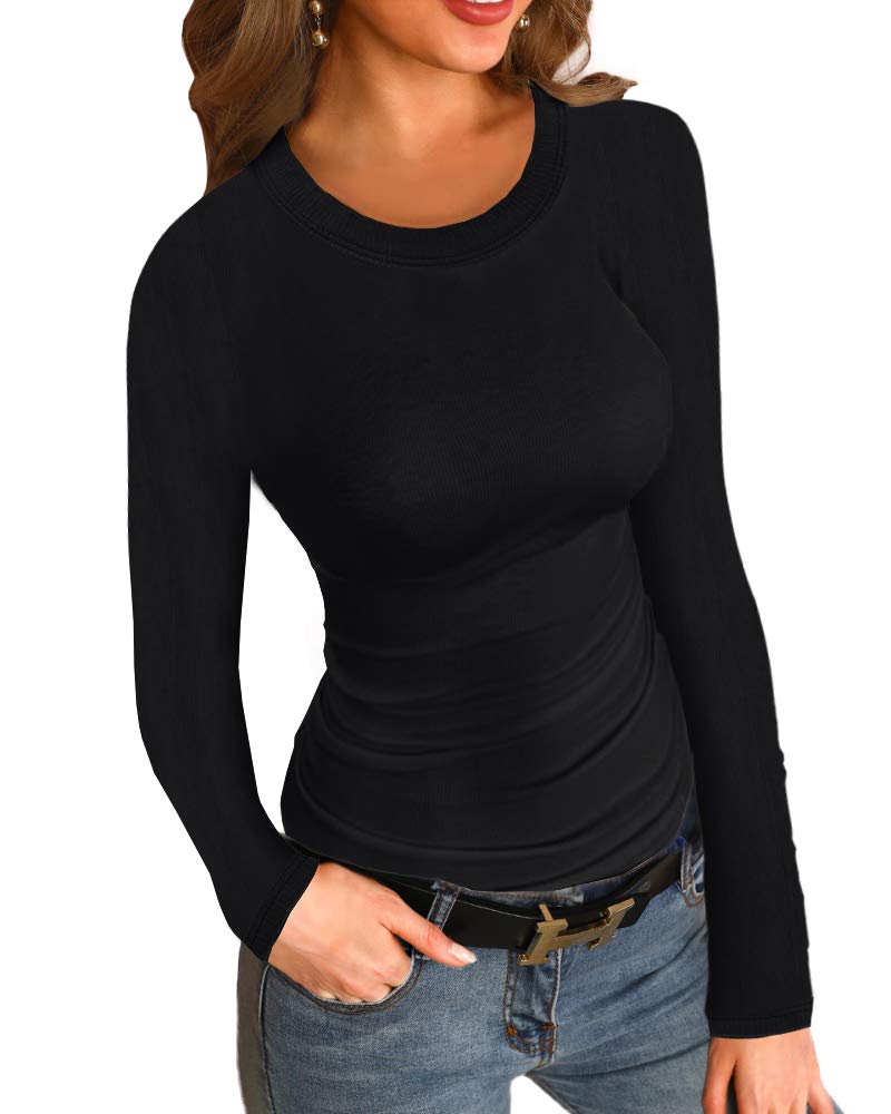 Womens Ribbed Long Sleeve Shirts Tops Fitted Tshirts Basic Slim Fit Tight Tee Shirt Fall Going Out Top 2024