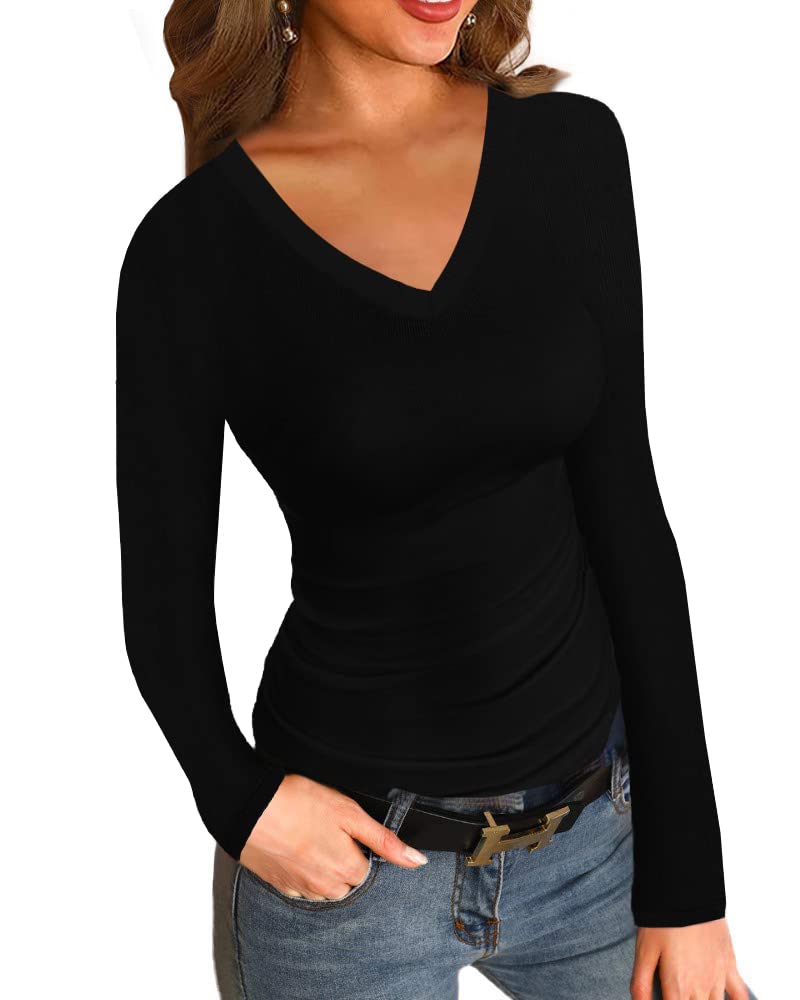 Womens Ribbed Long Sleeve Shirts Tops Fitted Tshirts Basic Slim Fit Tight Tee Shirt Fall Going Out Top 2024