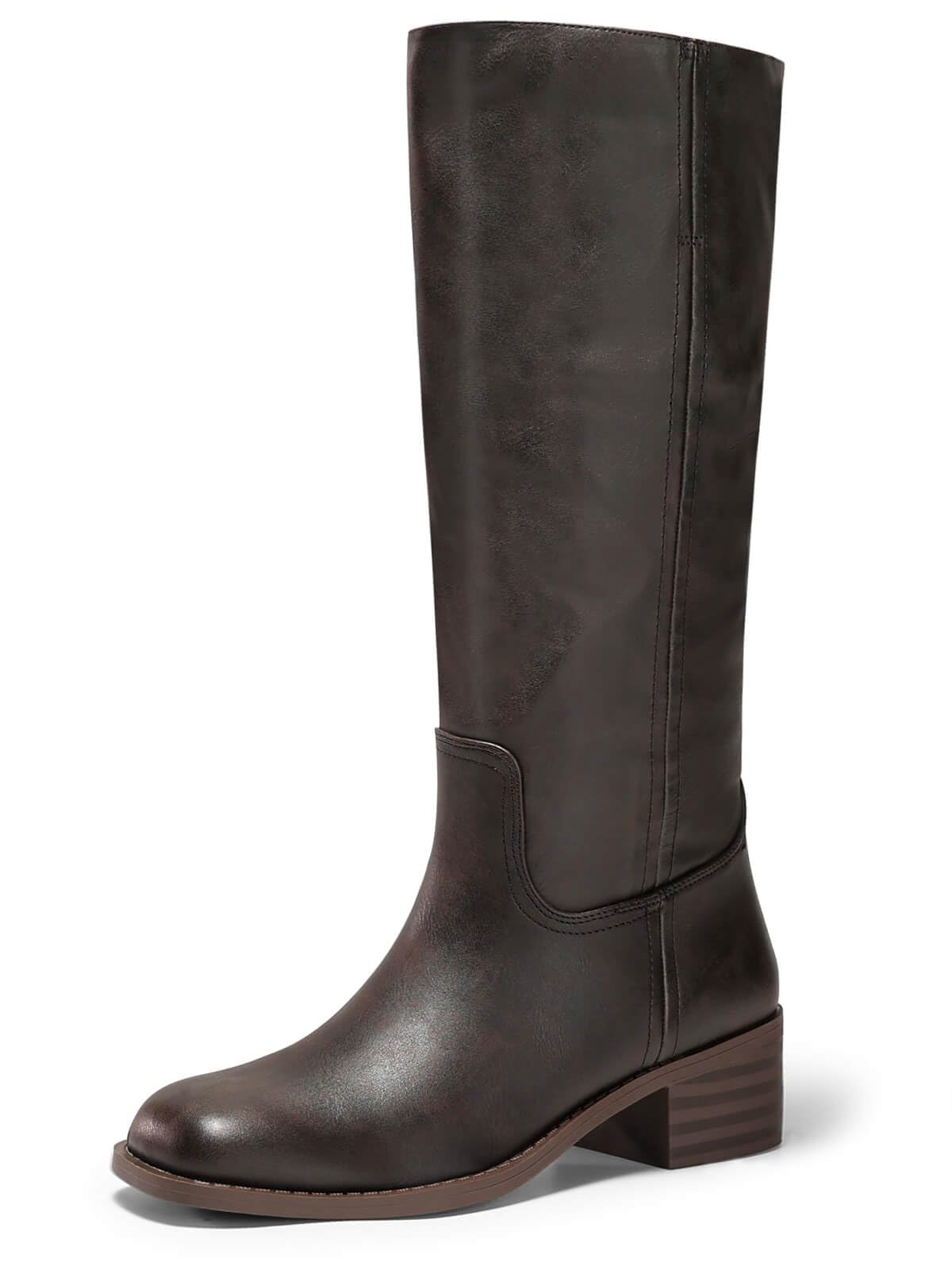 Coutgo Women's Knee High Boots Square Toe Chunky Block Heel Tall Boots Comfortable Low Heel Shoes