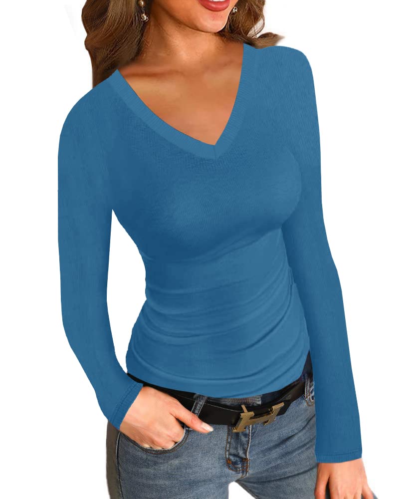 Womens Ribbed Long Sleeve Shirts Tops Fitted Tshirts Basic Slim Fit Tight Tee Shirt Fall Going Out Top 2024
