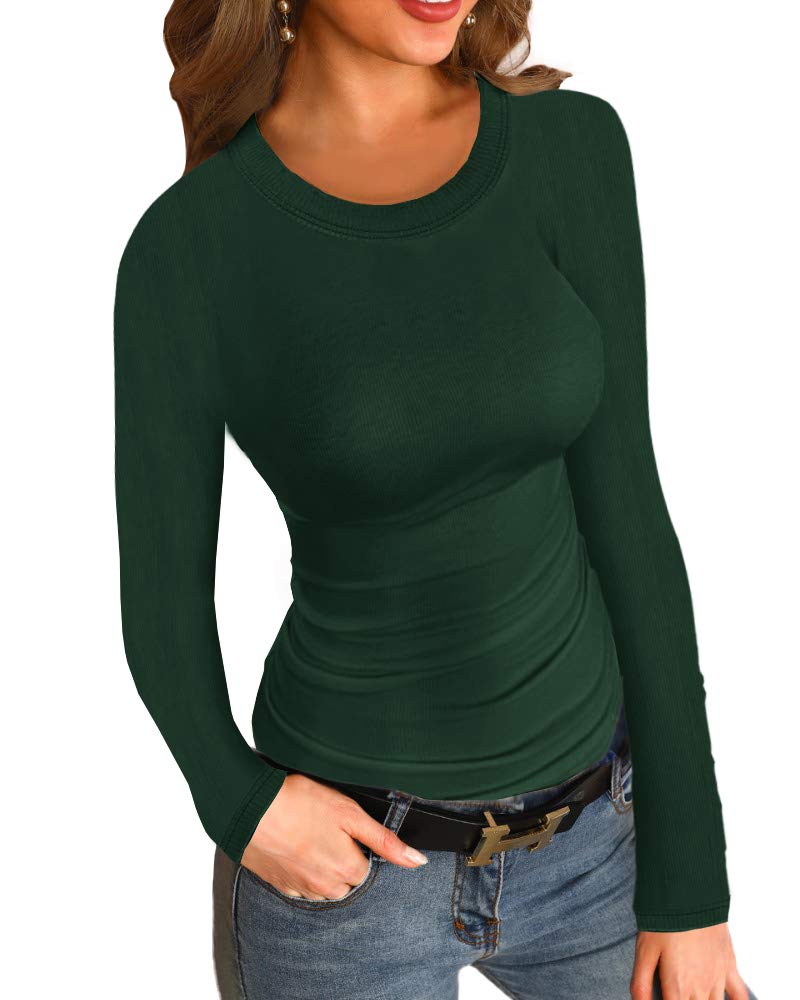 Womens Ribbed Long Sleeve Shirts Tops Fitted Tshirts Basic Slim Fit Tight Tee Shirt Fall Going Out Top 2024