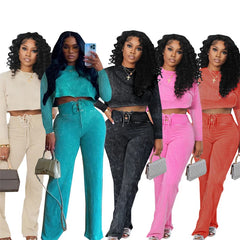 Solid Casual Two Piece Set for Women Sweatsuit Sporty Fitness Long Sleeve Top and Lace-up Wide Leg Pants Joggers Tracksuit Fall