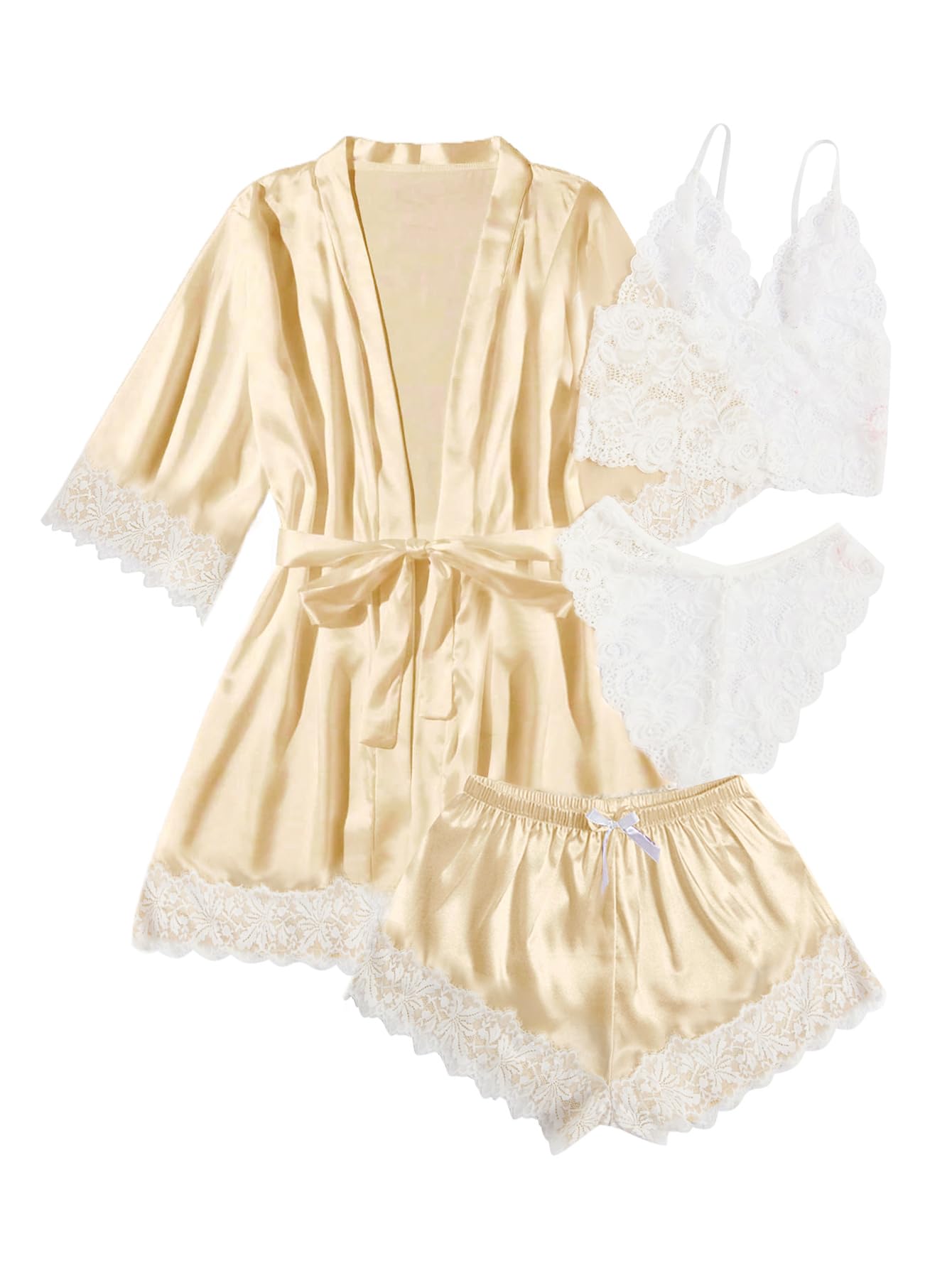 WDIRARA Women' Silk Satin Pajamas Set 4pcs Lingerie Floral Lace Cami Sleepwear with Robe