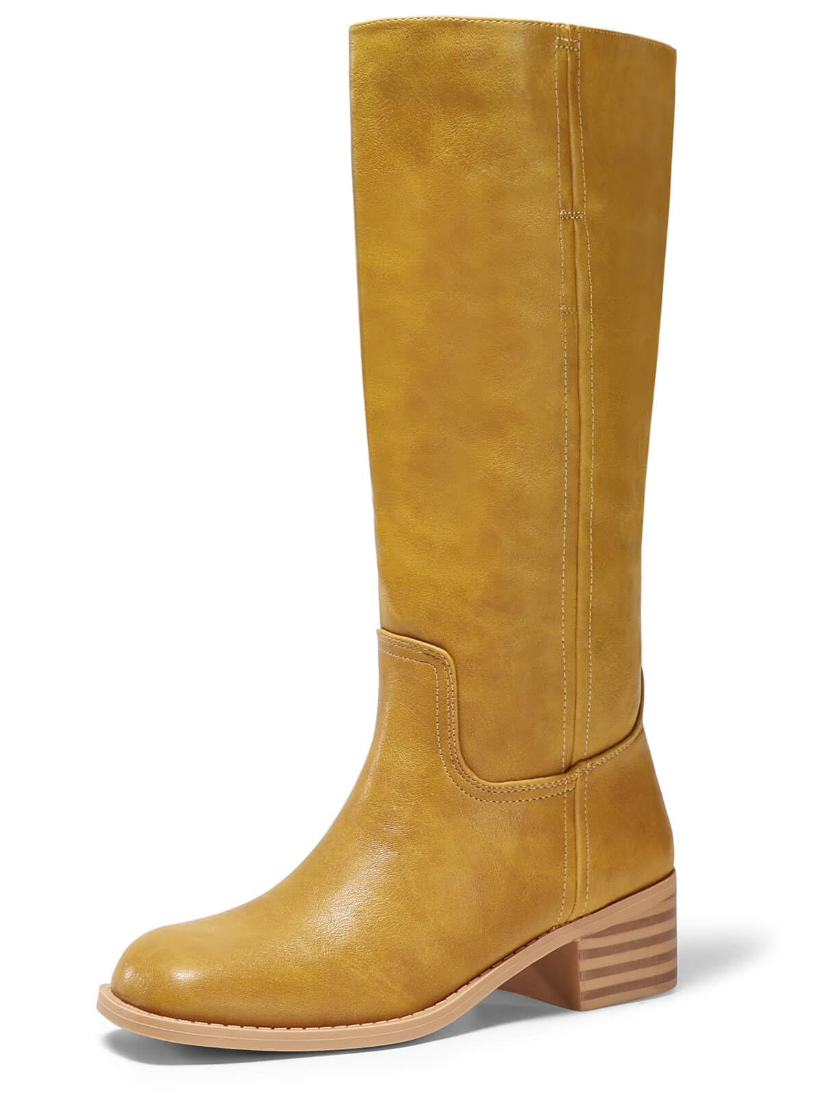 Coutgo Women's Knee High Boots Square Toe Chunky Block Heel Tall Boots Comfortable Low Heel Shoes