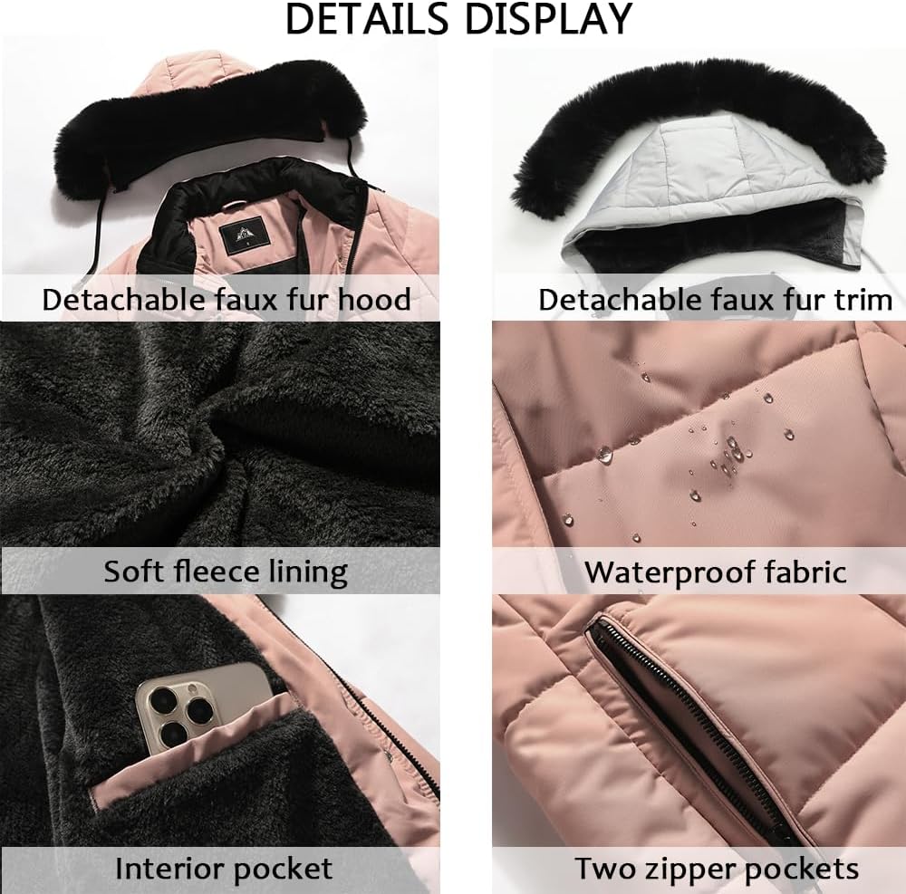 MOERDENG Women's Winter Puffer Coat Thicken Fleece Lined Down Jacket Waterproof Faux Fur Detachable Hooded Parka