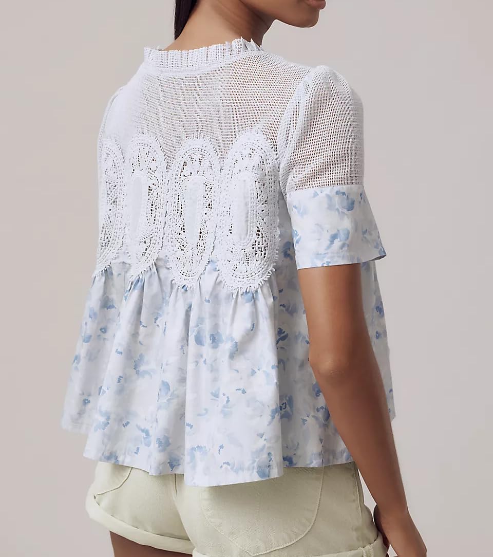 VAOYIU Women Lace-Detail Flared Blouse Short-Sleeve Crew Neck Lace Poplin Mesh Swing Top Elegant Loose Intricate Back Design