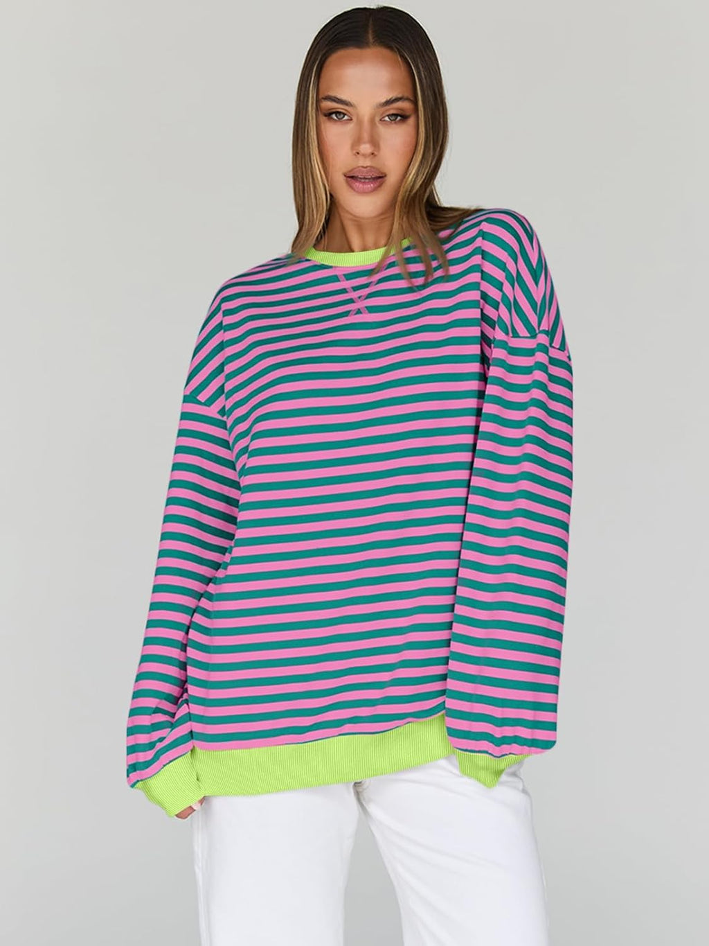 Trendy Queen Oversized Sweatshirt for Women 2025 Fall Crewneck Striped Long Sleeve Shirts Hoodies Cute Top Y2K Outfits