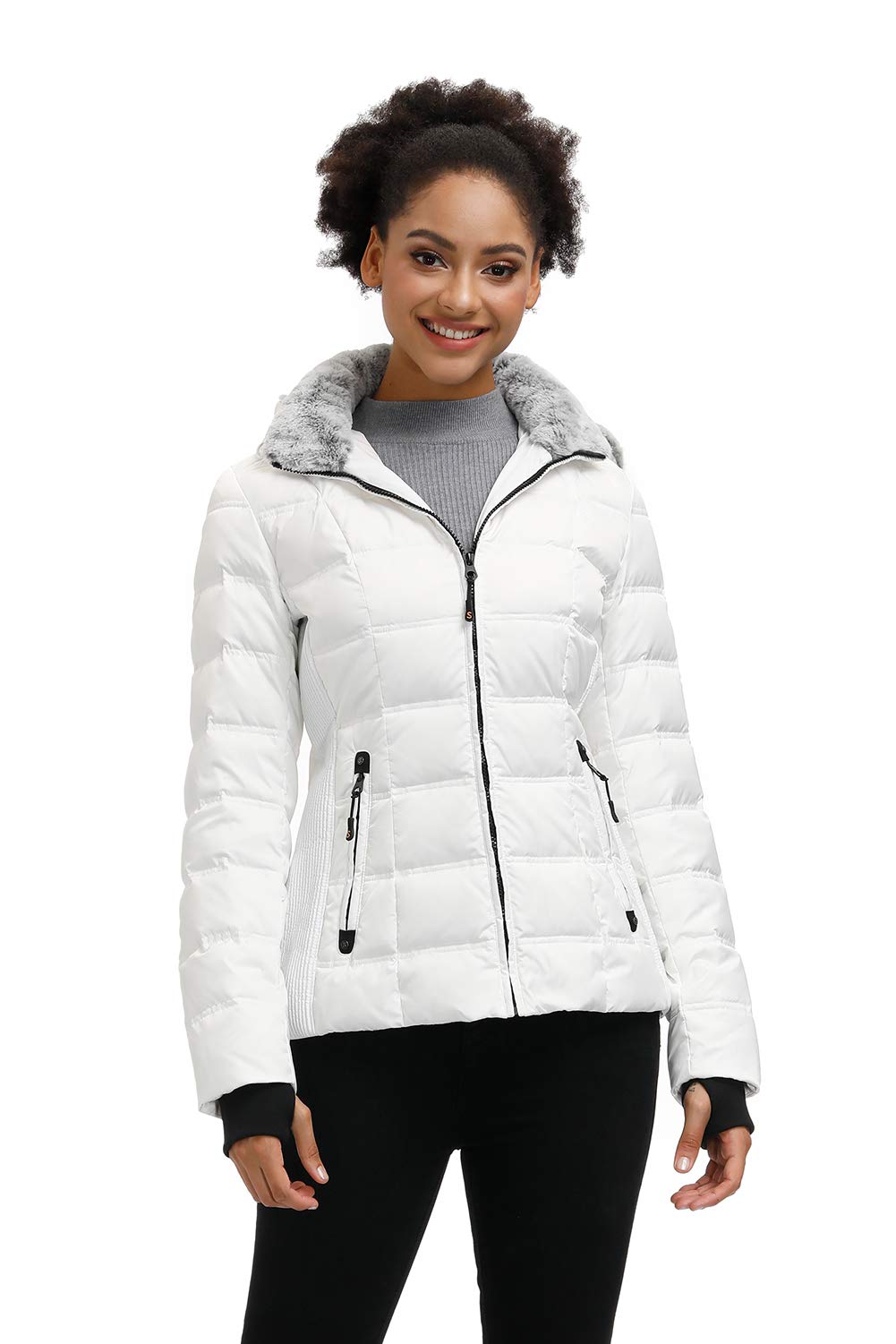 SLOW DOWN Women Down Puffer Jacket Warm Hooded Winter Down Puffer Coat with Faux-Fur Hood & Collar