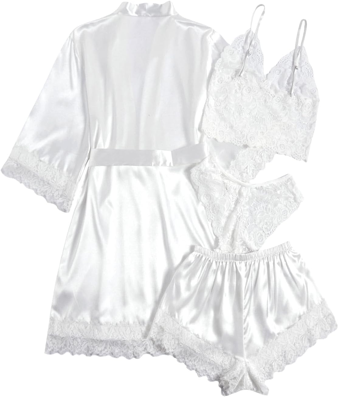 WDIRARA Women' Silk Satin Pajamas Set 4pcs Lingerie Floral Lace Cami Sleepwear with Robe
