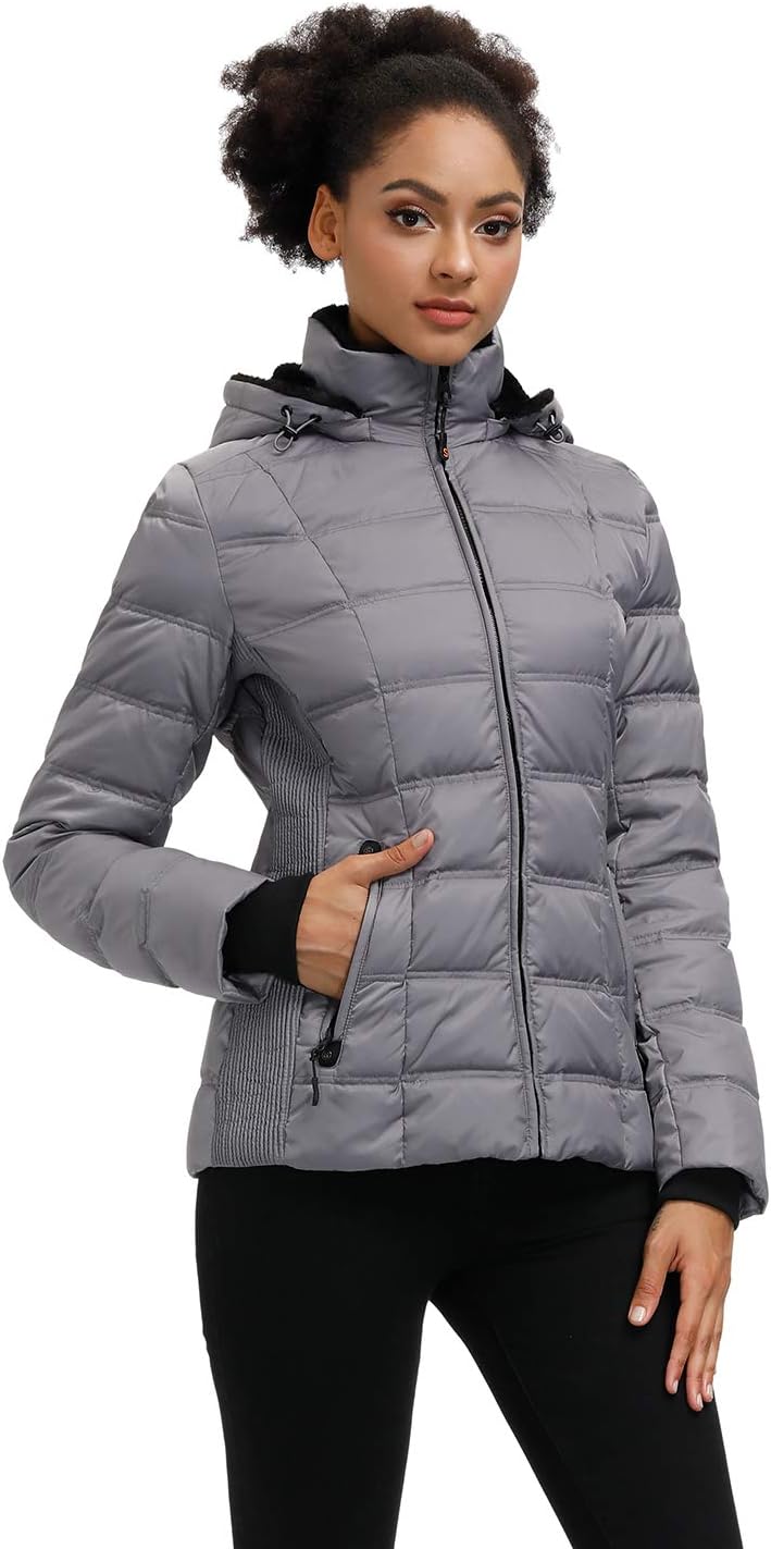 SLOW DOWN Women Down Puffer Jacket Warm Hooded Winter Down Puffer Coat with Faux-Fur Hood & Collar